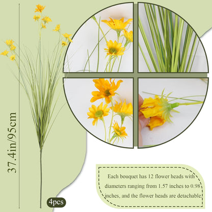 4 Pcs Artificial Plants Onion Grass Outdoor 37" Fake Tall Grass with Daisy Wildflowers Orange Artificial Wheat Grass Faux Shrubs Bush Greenery Stems for Indoor Garden Outside Office Home Decor