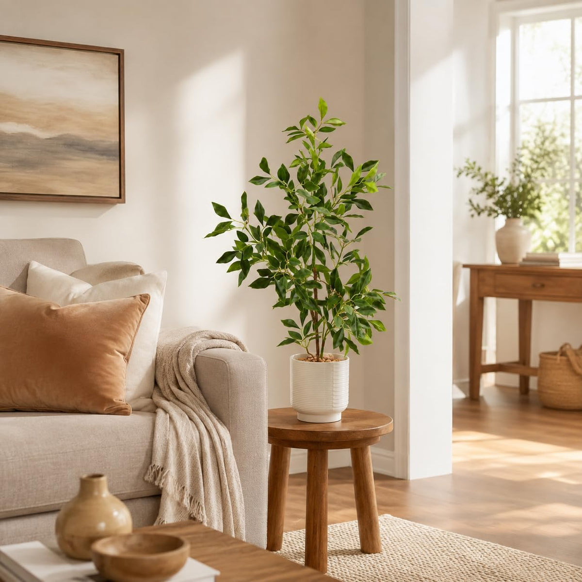 27" Indoor Faux Potted Plants Ficus Leaves Trees with Ceramic Pots