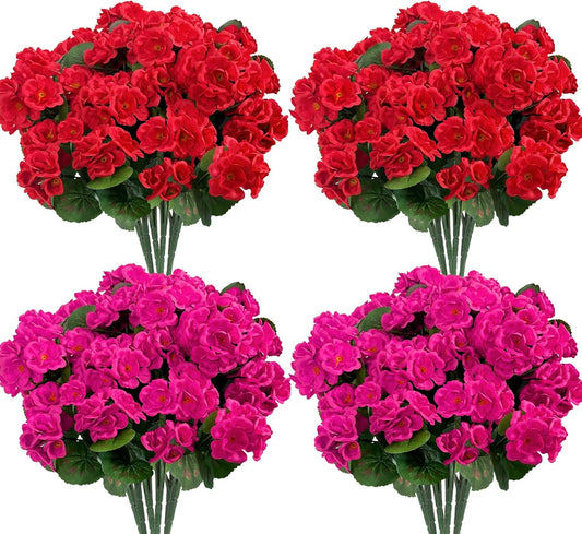 Artificial Geraniums Flowers for Outdoors Decoration, 4 Pcs, Red | UV resistant, silk flowers, realistic artificial geraniums, planter window box balcony outdoor garden outside decoration