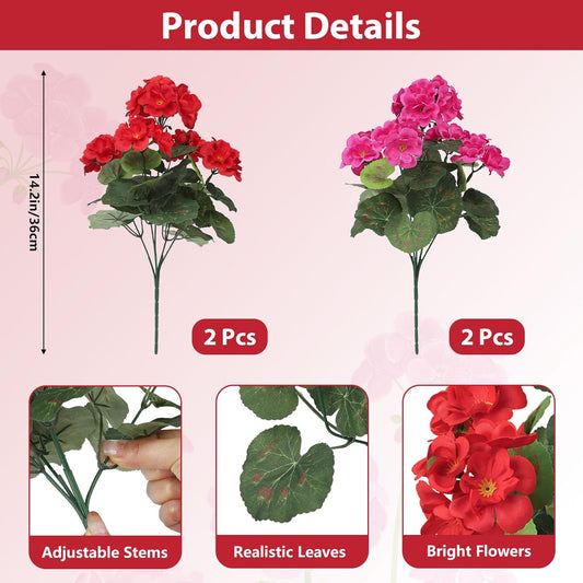 Artificial Geraniums Flowers for Outdoors Decoration, 4 Pcs, Red | UV resistant, silk flowers, realistic artificial geraniums, planter window box balcony outdoor garden outside decoration