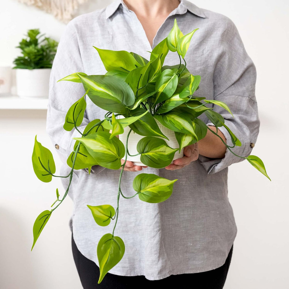 Dark Green Fake pothos | Fake Plant for Shelf Decor | Artificial Trailing Ivy Plant with 5" Wide Ceramic Pot | Faux pothos | Feaux Pothos | Bathroom and Kitchen Decor