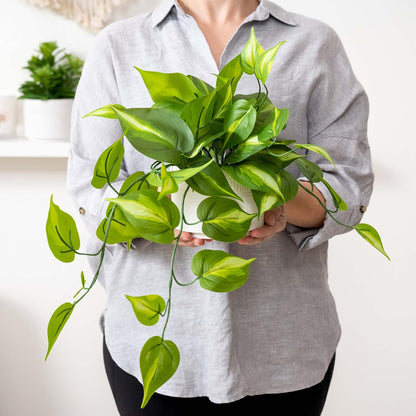 Dark Green Fake pothos | Fake Plant for Shelf Decor | Artificial Trailing Ivy Plant with 5" Wide Ceramic Pot | Faux pothos | Feaux Pothos | Bathroom and Kitchen Decor
