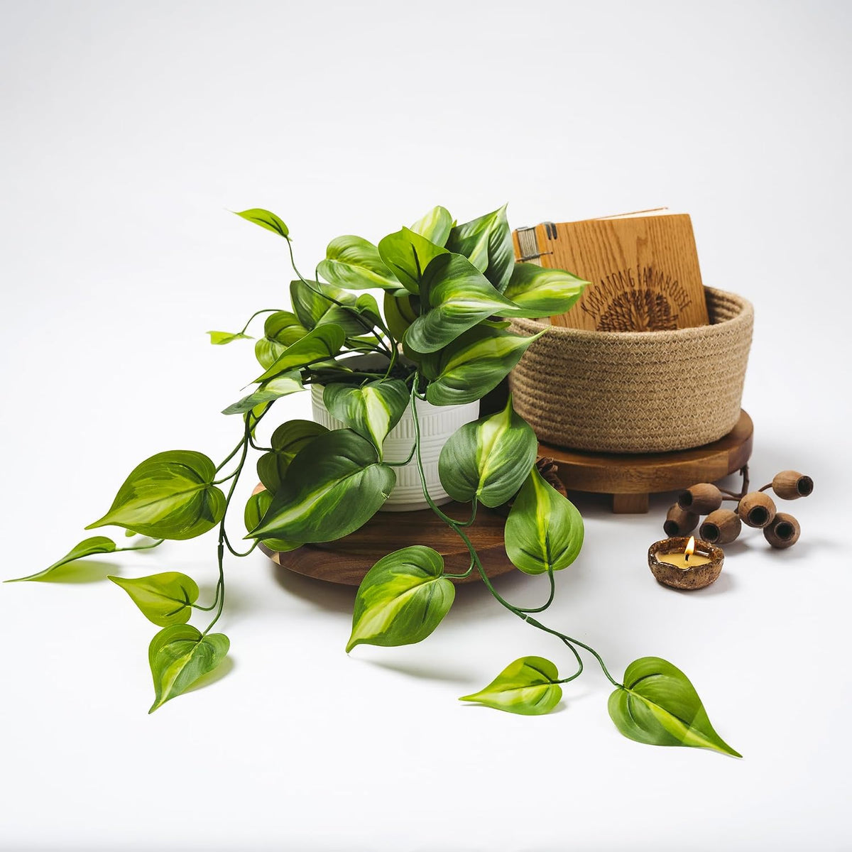Dark Green Fake pothos | Fake Plant for Shelf Decor | Artificial Trailing Ivy Plant with 5" Wide Ceramic Pot | Faux pothos | Feaux Pothos | Bathroom and Kitchen Decor