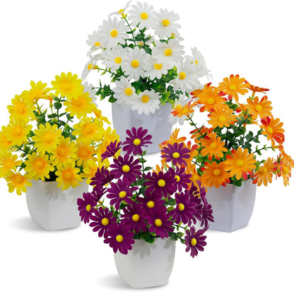4 Pack Small Artificial Mums Flowers in White Pots, Fake Mini Potted Plants, Spring Floral Decor for Home Bathroom Shelves Office Desk Table Centerpiece Indoor Decoration