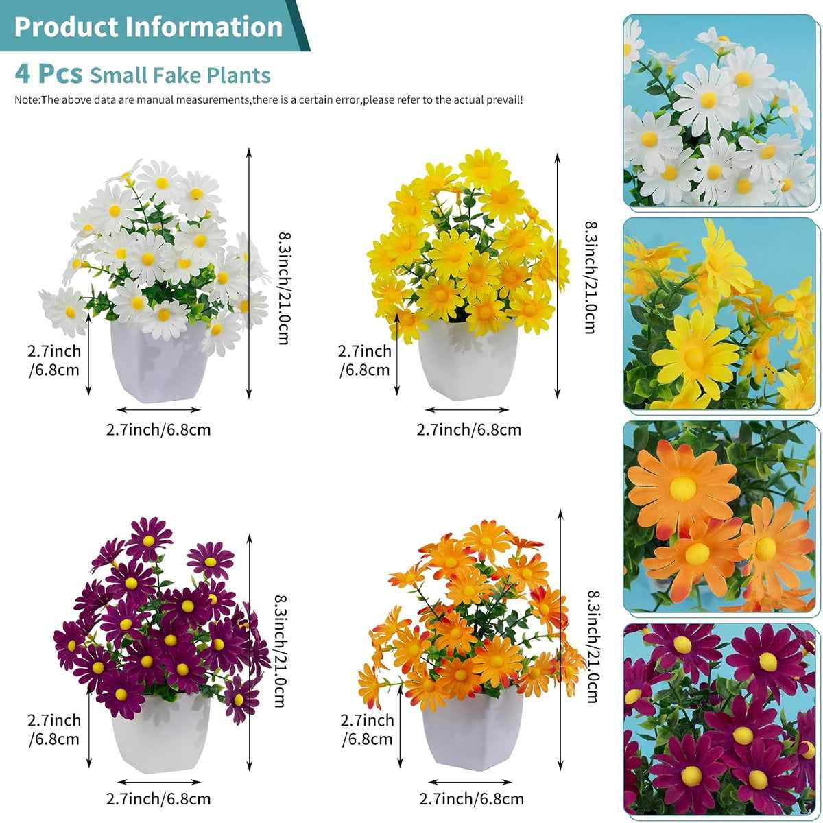 4 Pack Small Artificial Mums Flowers in White Pots, Fake Mini Potted Plants, Spring Floral Decor for Home Bathroom Shelves Office Desk Table Centerpiece Indoor Decoration