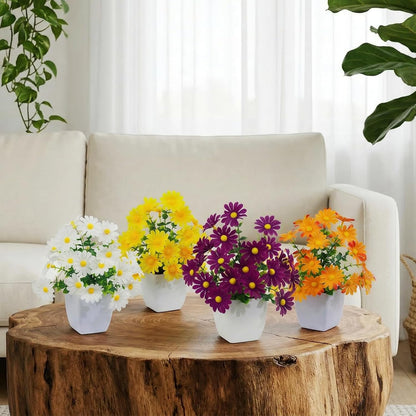4 Pack Small Artificial Mums Flowers in White Pots, Fake Mini Potted Plants, Spring Floral Decor for Home Bathroom Shelves Office Desk Table Centerpiece Indoor Decoration
