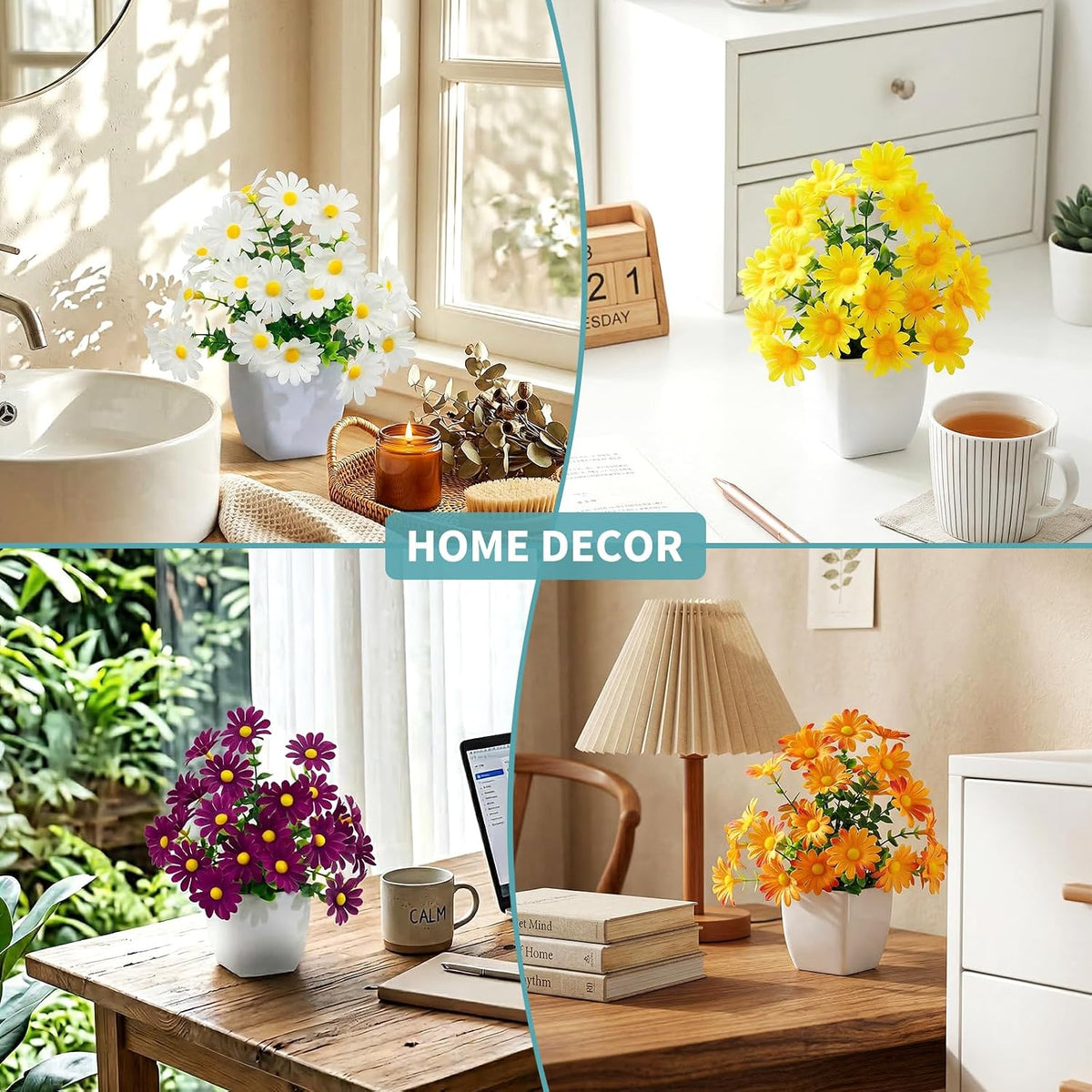 4 Pack Small Artificial Mums Flowers in White Pots, Fake Mini Potted Plants, Spring Floral Decor for Home Bathroom Shelves Office Desk Table Centerpiece Indoor Decoration