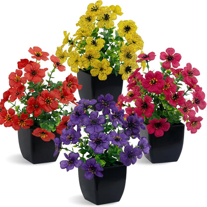 4 Pack Small Artificial Mums Flowers in White Pots, Fake Mini Potted Plants, Spring Floral Decor for Home Bathroom Shelves Office Desk Table Centerpiece Indoor Decoration