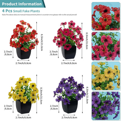 4 Pack Small Artificial Mums Flowers in White Pots, Fake Mini Potted Plants, Spring Floral Decor for Home Bathroom Shelves Office Desk Table Centerpiece Indoor Decoration