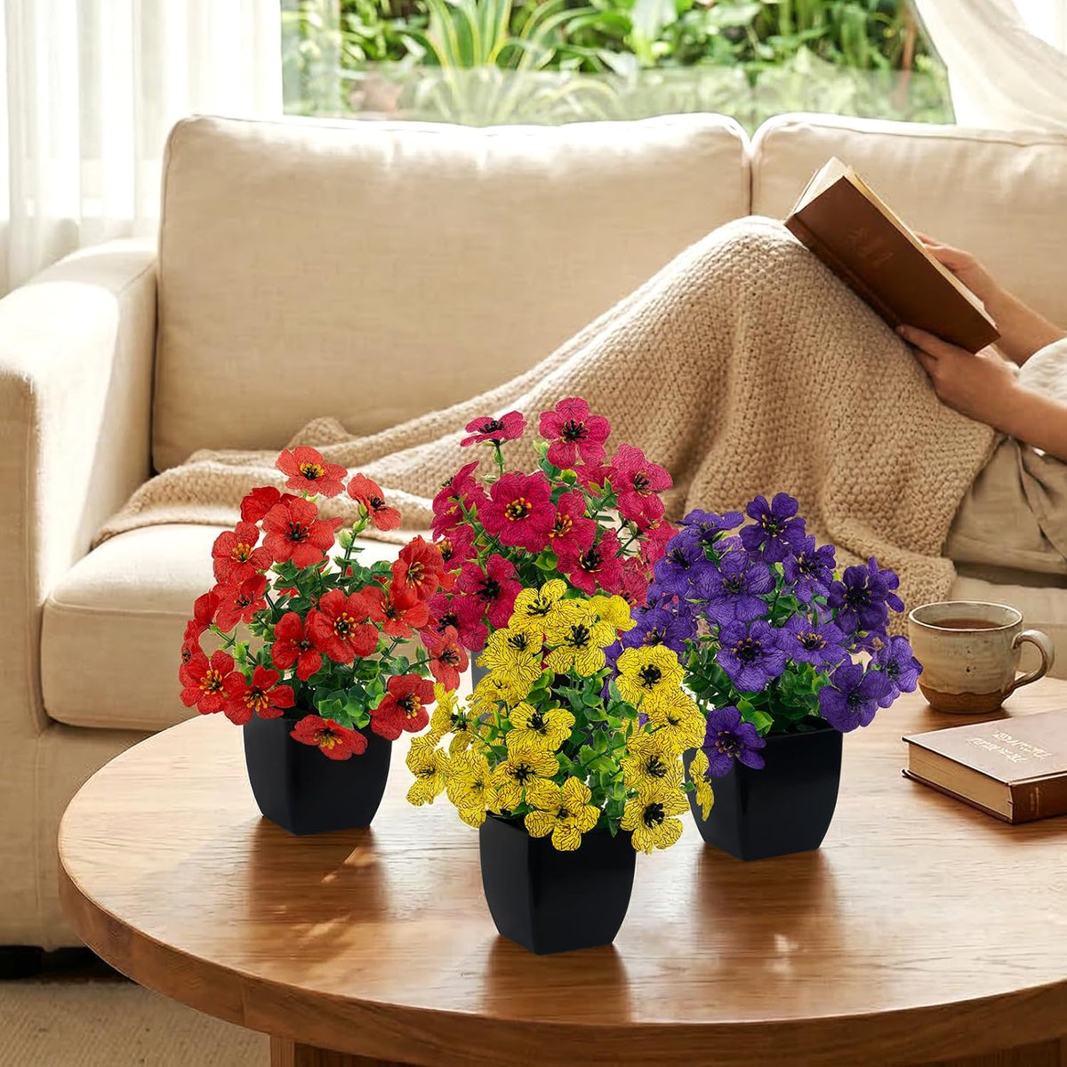 4 Pack Small Artificial Mums Flowers in White Pots, Fake Mini Potted Plants, Spring Floral Decor for Home Bathroom Shelves Office Desk Table Centerpiece Indoor Decoration