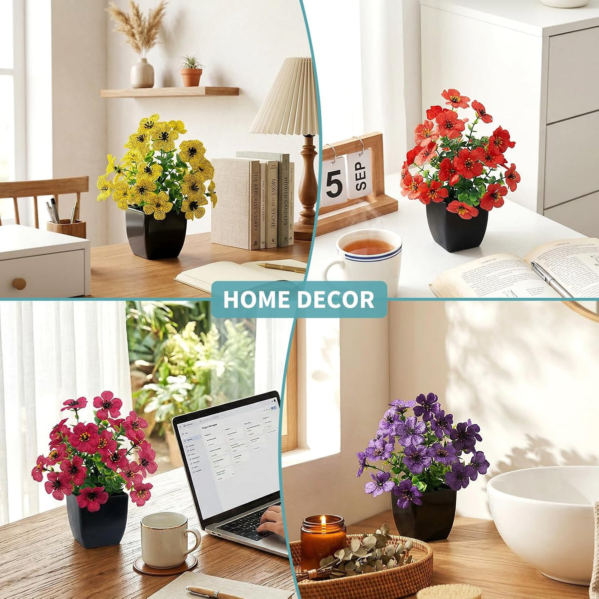 4 Pack Small Artificial Mums Flowers in White Pots, Fake Mini Potted Plants, Spring Floral Decor for Home Bathroom Shelves Office Desk Table Centerpiece Indoor Decoration