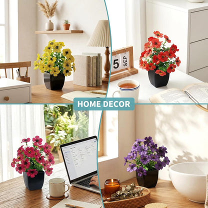4 Pack Small Artificial Mums Flowers in White Pots, Fake Mini Potted Plants, Spring Floral Decor for Home Bathroom Shelves Office Desk Table Centerpiece Indoor Decoration
