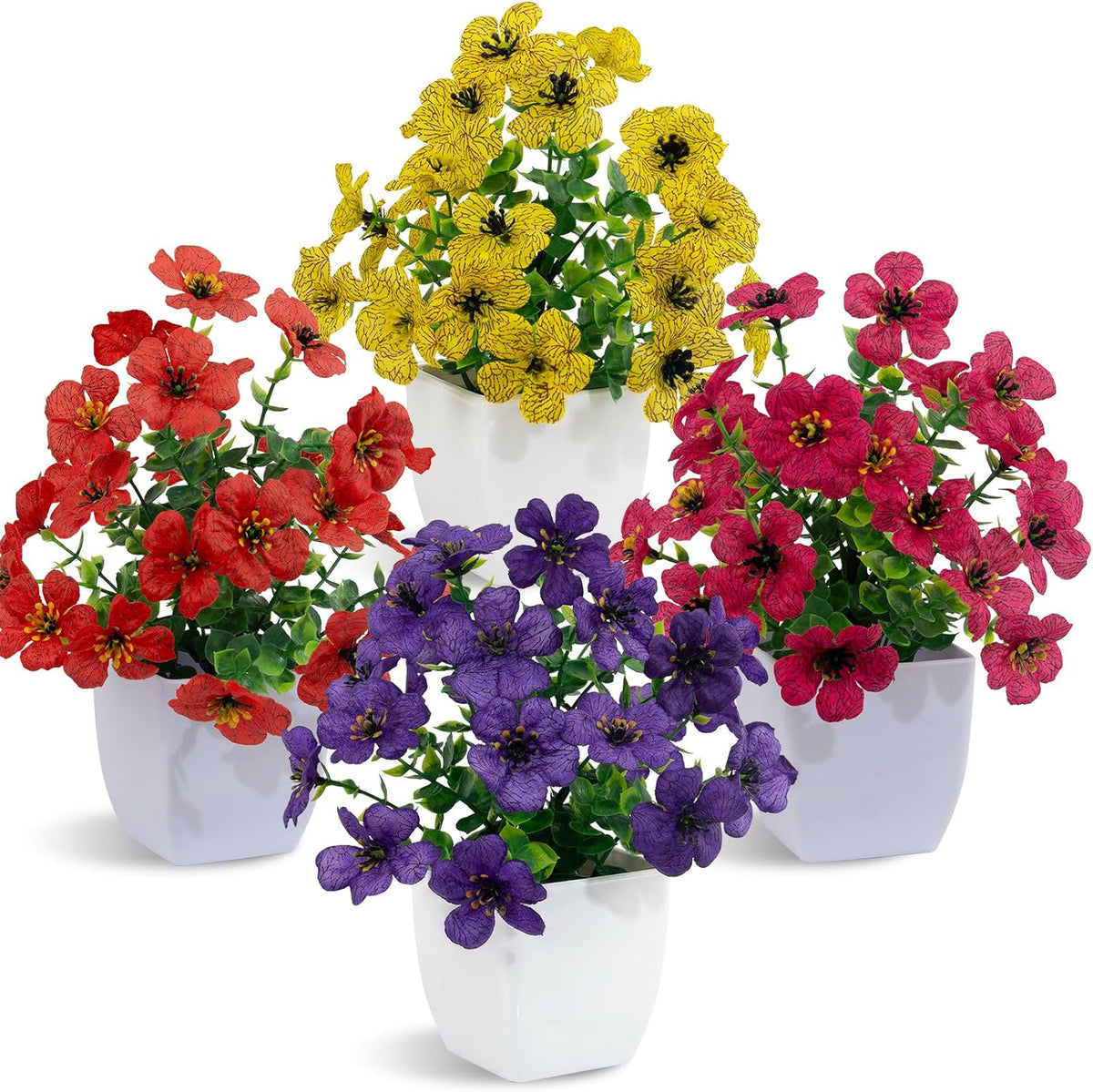 4 Pack Small Artificial Mums Flowers in White Pots, Fake Mini Potted Plants, Spring Floral Decor for Home Bathroom Shelves Office Desk Table Centerpiece Indoor Decoration