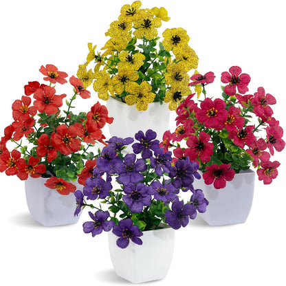 4 Pack Small Artificial Mums Flowers in White Pots, Fake Mini Potted Plants, Spring Floral Decor for Home Bathroom Shelves Office Desk Table Centerpiece Indoor Decoration
