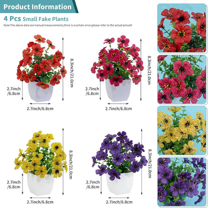 4 Pack Small Artificial Mums Flowers in White Pots, Fake Mini Potted Plants, Spring Floral Decor for Home Bathroom Shelves Office Desk Table Centerpiece Indoor Decoration