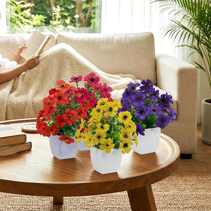 4 Pack Small Artificial Mums Flowers in White Pots, Fake Mini Potted Plants, Spring Floral Decor for Home Bathroom Shelves Office Desk Table Centerpiece Indoor Decoration