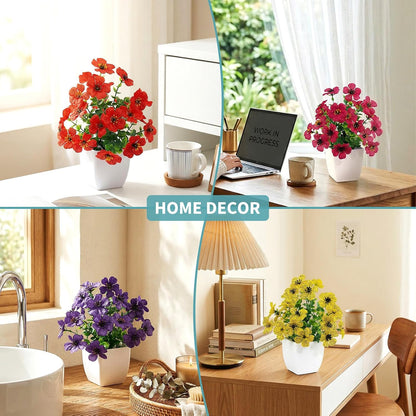 4 Pack Small Artificial Mums Flowers in White Pots, Fake Mini Potted Plants, Spring Floral Decor for Home Bathroom Shelves Office Desk Table Centerpiece Indoor Decoration