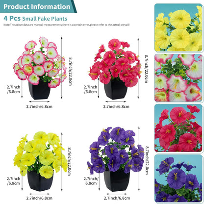4 Pack Small Artificial Mums Flowers in White Pots, Fake Mini Potted Plants, Spring Floral Decor for Home Bathroom Shelves Office Desk Table Centerpiece Indoor Decoration