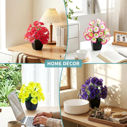 4 Pack Small Artificial Mums Flowers in White Pots, Fake Mini Potted Plants, Spring Floral Decor for Home Bathroom Shelves Office Desk Table Centerpiece Indoor Decoration