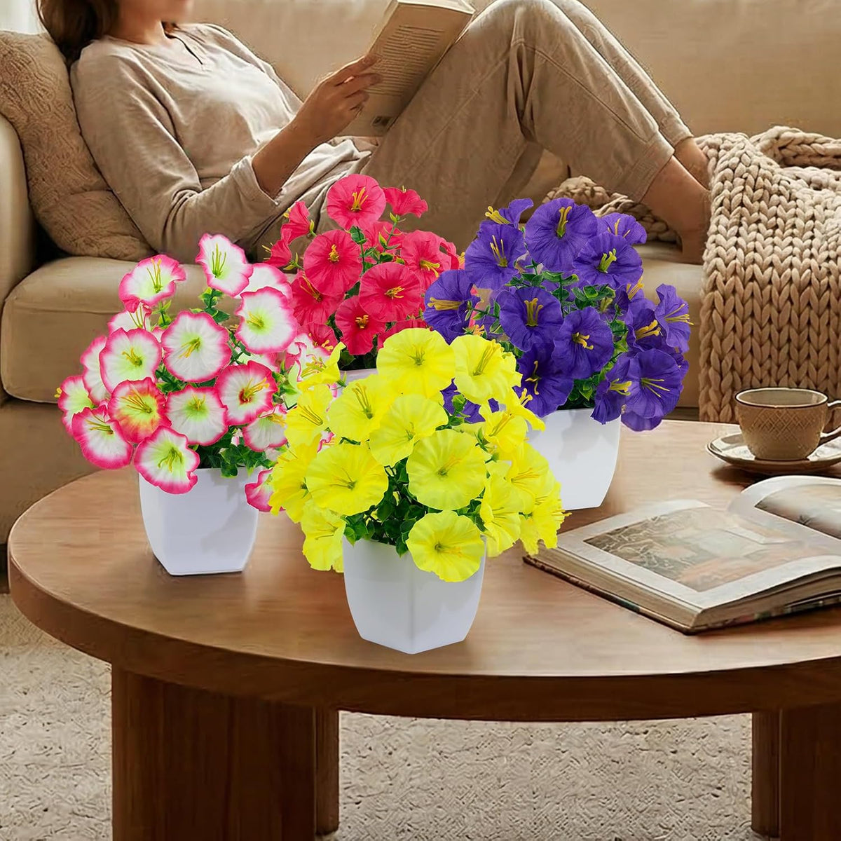 4 Pack Small Artificial Mums Flowers in White Pots, Fake Mini Potted Plants, Spring Floral Decor for Home Bathroom Shelves Office Desk Table Centerpiece Indoor Decoration