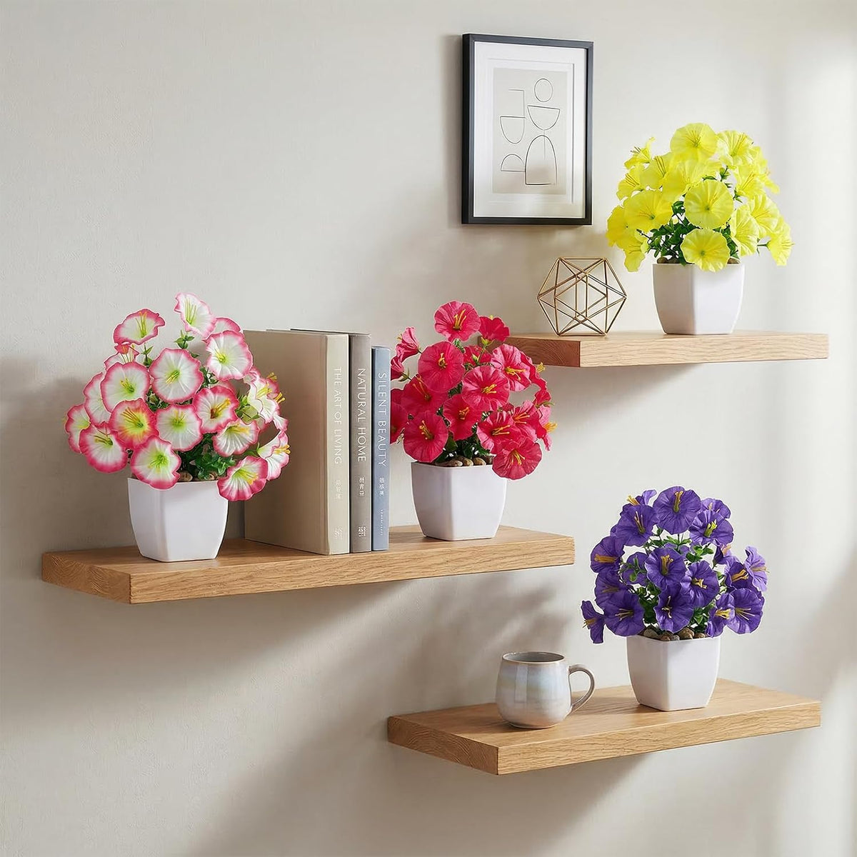 4 Pack Small Artificial Mums Flowers in White Pots, Fake Mini Potted Plants, Spring Floral Decor for Home Bathroom Shelves Office Desk Table Centerpiece Indoor Decoration
