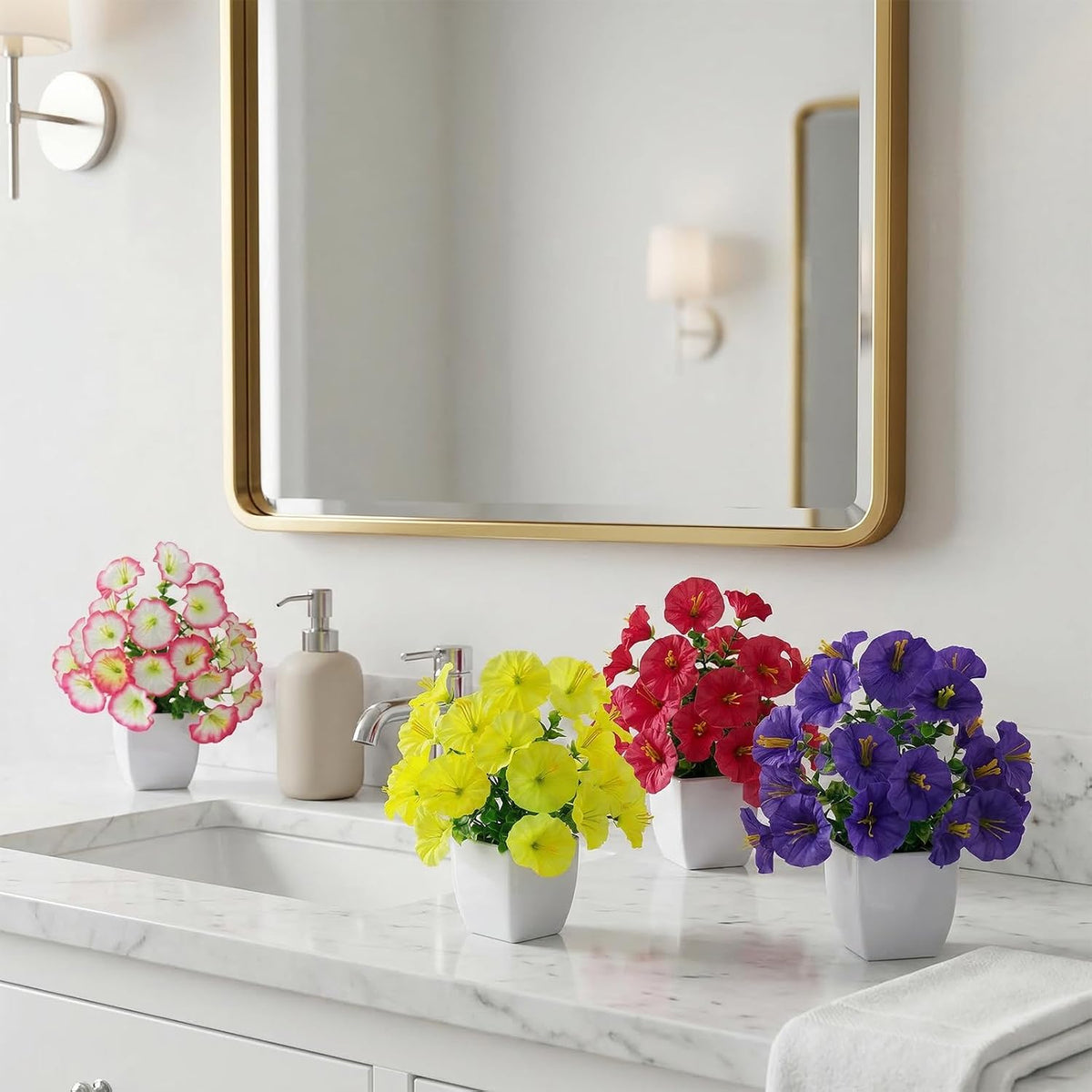 4 Pack Small Artificial Mums Flowers in White Pots, Fake Mini Potted Plants, Spring Floral Decor for Home Bathroom Shelves Office Desk Table Centerpiece Indoor Decoration