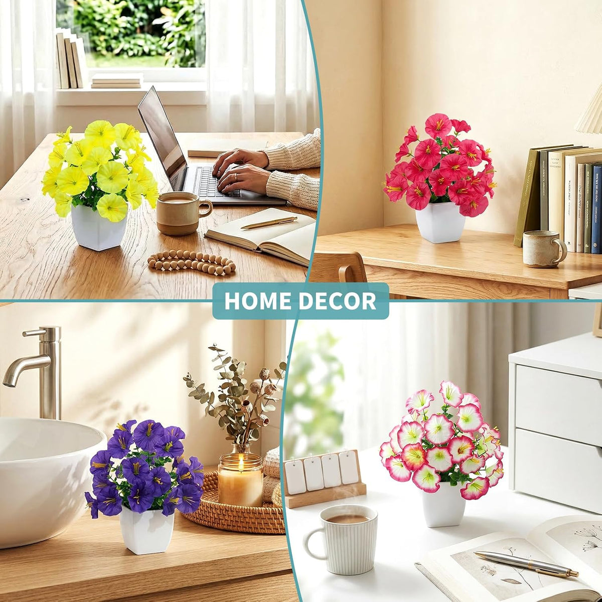 4 Pack Small Artificial Mums Flowers in White Pots, Fake Mini Potted Plants, Spring Floral Decor for Home Bathroom Shelves Office Desk Table Centerpiece Indoor Decoration