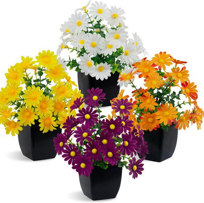 4 Pack Small Artificial Mums Flowers in White Pots, Fake Mini Potted Plants, Spring Floral Decor for Home Bathroom Shelves Office Desk Table Centerpiece Indoor Decoration