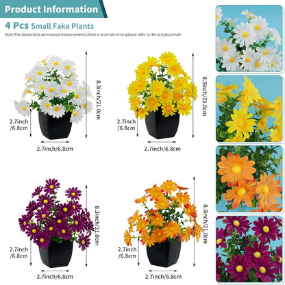 4 Pack Small Artificial Mums Flowers in White Pots, Fake Mini Potted Plants, Spring Floral Decor for Home Bathroom Shelves Office Desk Table Centerpiece Indoor Decoration