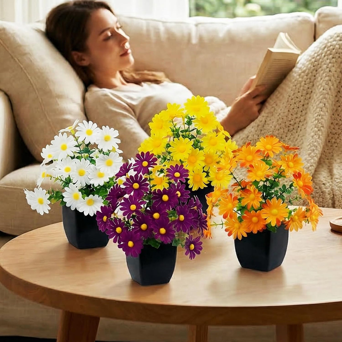 4 Pack Small Artificial Mums Flowers in White Pots, Fake Mini Potted Plants, Spring Floral Decor for Home Bathroom Shelves Office Desk Table Centerpiece Indoor Decoration