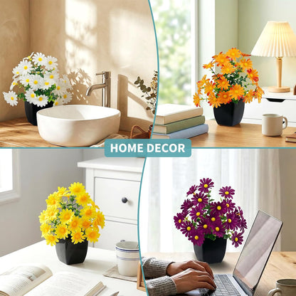 4 Pack Small Artificial Mums Flowers in White Pots, Fake Mini Potted Plants, Spring Floral Decor for Home Bathroom Shelves Office Desk Table Centerpiece Indoor Decoration