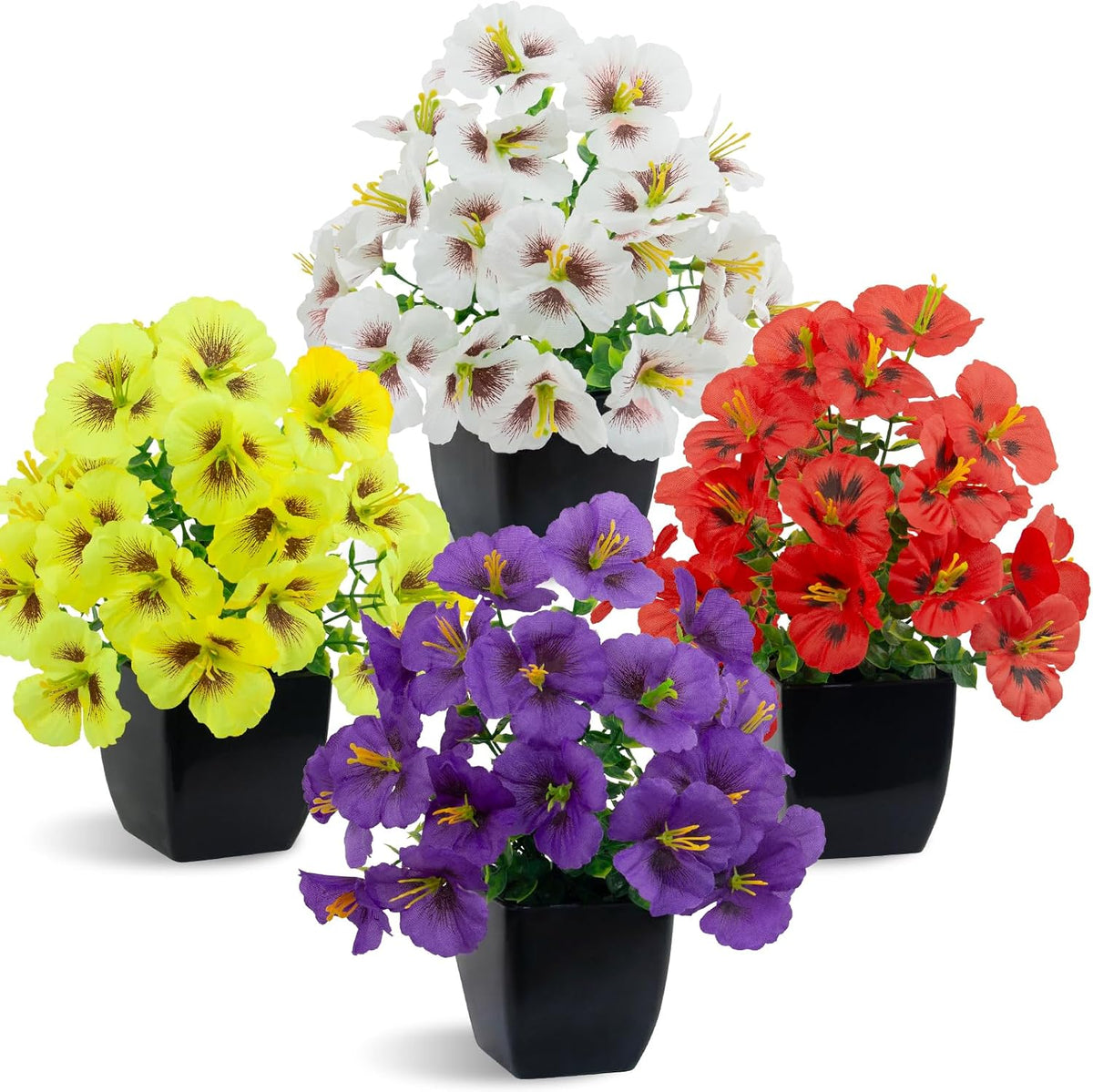 4 Pack Small Artificial Mums Flowers in White Pots, Fake Mini Potted Plants, Spring Floral Decor for Home Bathroom Shelves Office Desk Table Centerpiece Indoor Decoration