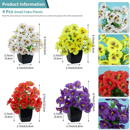 4 Pack Small Artificial Mums Flowers in White Pots, Fake Mini Potted Plants, Spring Floral Decor for Home Bathroom Shelves Office Desk Table Centerpiece Indoor Decoration