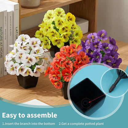 4 Pack Small Artificial Mums Flowers in White Pots, Fake Mini Potted Plants, Spring Floral Decor for Home Bathroom Shelves Office Desk Table Centerpiece Indoor Decoration