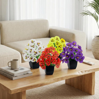 4 Pack Small Artificial Mums Flowers in White Pots, Fake Mini Potted Plants, Spring Floral Decor for Home Bathroom Shelves Office Desk Table Centerpiece Indoor Decoration