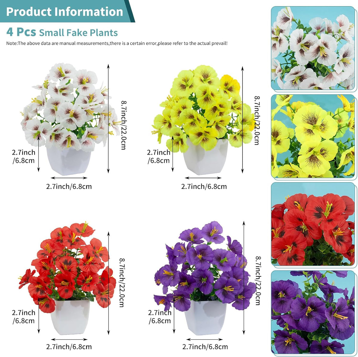4 Pack Small Artificial Mums Flowers in White Pots, Fake Mini Potted Plants, Spring Floral Decor for Home Bathroom Shelves Office Desk Table Centerpiece Indoor Decoration
