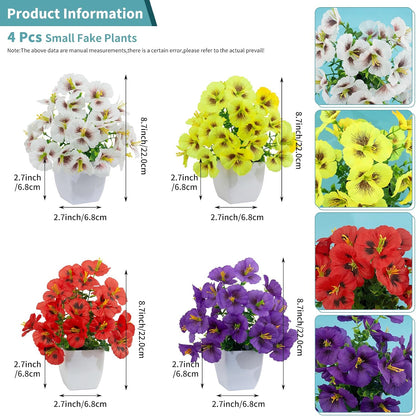 4 Pack Small Artificial Mums Flowers in White Pots, Fake Mini Potted Plants, Spring Floral Decor for Home Bathroom Shelves Office Desk Table Centerpiece Indoor Decoration