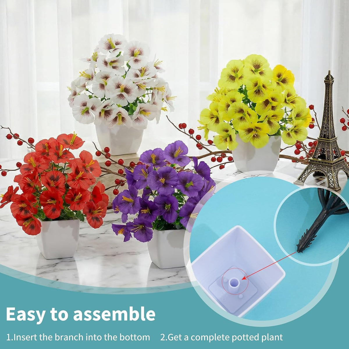 4 Pack Small Artificial Mums Flowers in White Pots, Fake Mini Potted Plants, Spring Floral Decor for Home Bathroom Shelves Office Desk Table Centerpiece Indoor Decoration