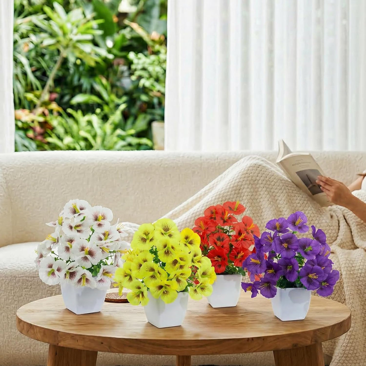 4 Pack Small Artificial Mums Flowers in White Pots, Fake Mini Potted Plants, Spring Floral Decor for Home Bathroom Shelves Office Desk Table Centerpiece Indoor Decoration