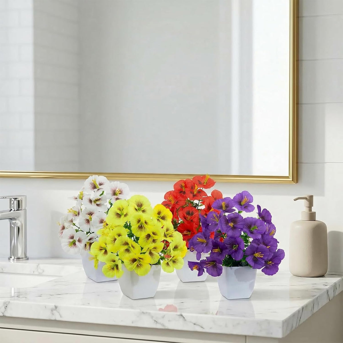 4 Pack Small Artificial Mums Flowers in White Pots, Fake Mini Potted Plants, Spring Floral Decor for Home Bathroom Shelves Office Desk Table Centerpiece Indoor Decoration