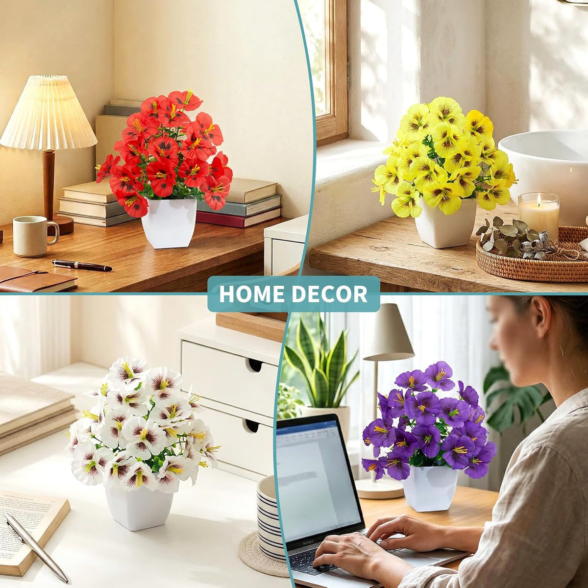 4 Pack Small Artificial Mums Flowers in White Pots, Fake Mini Potted Plants, Spring Floral Decor for Home Bathroom Shelves Office Desk Table Centerpiece Indoor Decoration