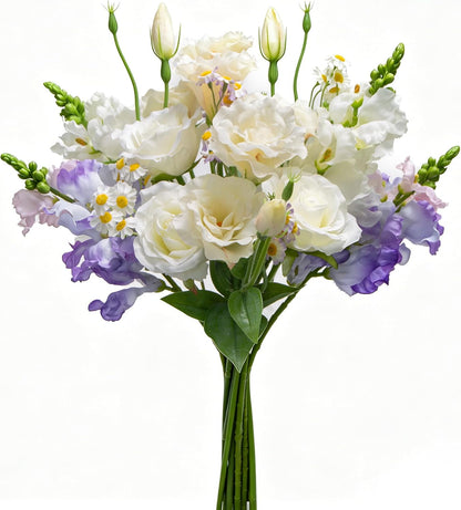 15-Stems Curated Artificial Flower Set, 17.5" Faux Silk White Lisianthus & Rose, Long Stem Fake Flowers, Decorative Floral Centerpieces for Dining Table, Wedding Centerpieces (Vase Not Included)