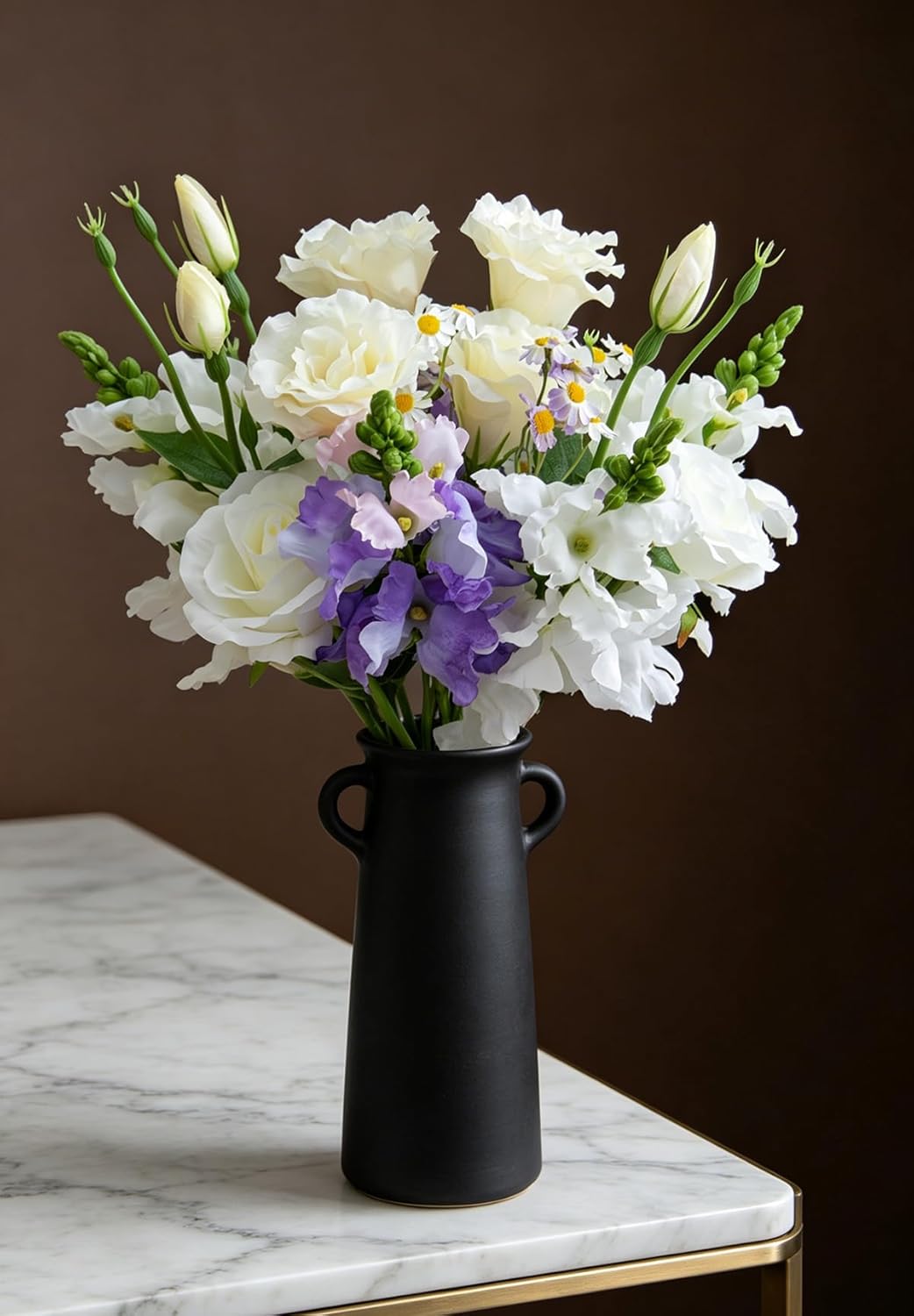 15-Stems Curated Artificial Flower Set, 17.5" Faux Silk White Lisianthus & Rose, Long Stem Fake Flowers, Decorative Floral Centerpieces for Dining Table, Wedding Centerpieces (Vase Not Included)
