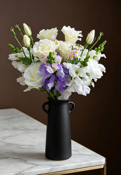 15-Stems Curated Artificial Flower Set, 17.5" Faux Silk White Lisianthus & Rose, Long Stem Fake Flowers, Decorative Floral Centerpieces for Dining Table, Wedding Centerpieces (Vase Not Included)