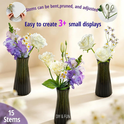 15-Stems Curated Artificial Flower Set, 17.5" Faux Silk White Lisianthus & Rose, Long Stem Fake Flowers, Decorative Floral Centerpieces for Dining Table, Wedding Centerpieces (Vase Not Included)