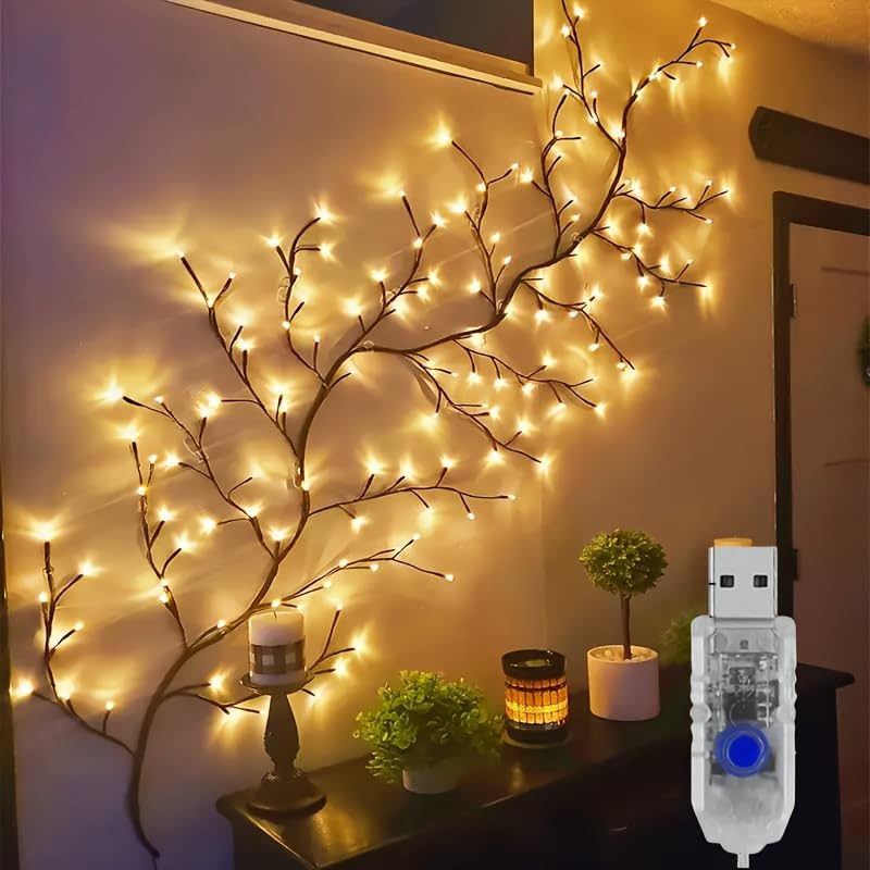 Twinkling Brown Vine Fairy Lights 96 LED Bendable Willow Vine Lights - 1pc 6Ft Flexible Brown Vine Fairy Lights with 8 Modes Twinkle Artificial Tree Branches (1pc 96 LED Lights)