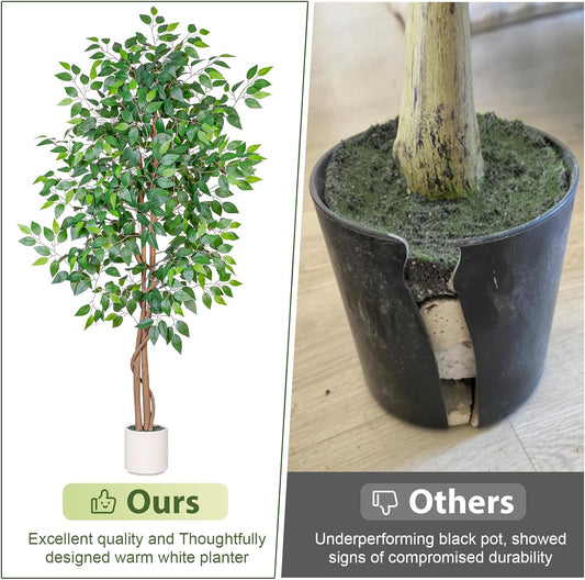 VIVATREES 6FT Artificial Ficus Tree with White Planter, Realistic Faux Silk Indoor Outdoor Plant for Home Office Living Room, Porch, Garden Decor