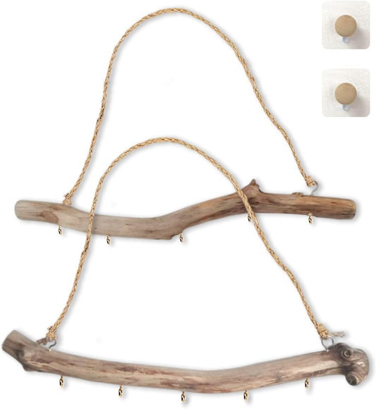 2Pcs 15 Inch Natural Driftwood Decorative Branches Farmhouse Home Wall Hanging Decor Hanging Jewelry Organizers with 5 Hooks