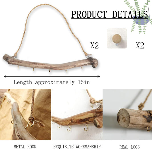 2Pcs 15 Inch Natural Driftwood Decorative Branches Farmhouse Home Wall Hanging Decor Hanging Jewelry Organizers with 5 Hooks