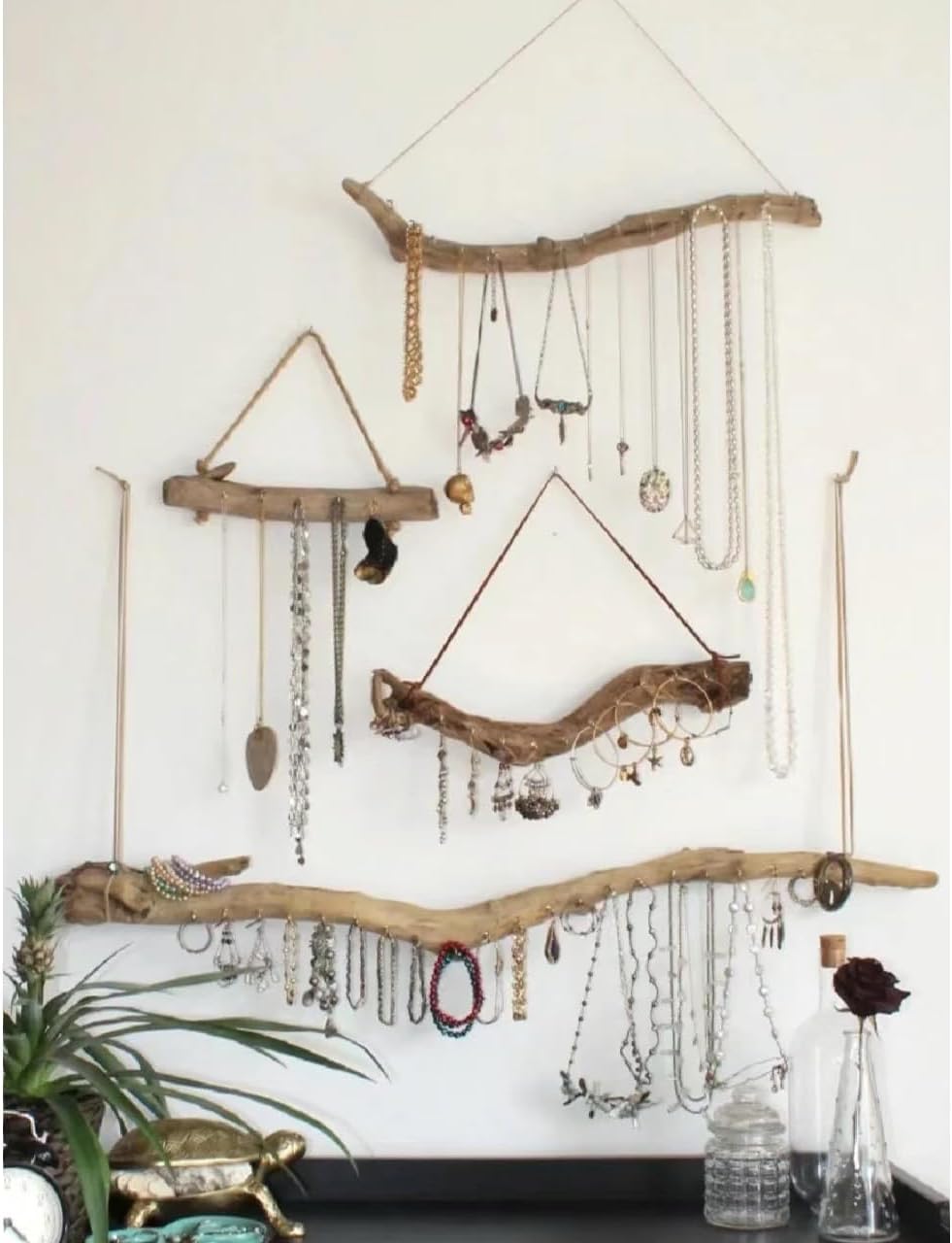 2Pcs 15 Inch Natural Driftwood Decorative Branches Farmhouse Home Wall Hanging Decor Hanging Jewelry Organizers with 5 Hooks